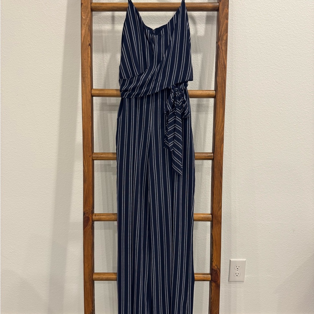 Michael Kors Navy and White Striped Jumpsuit with Waist Tie